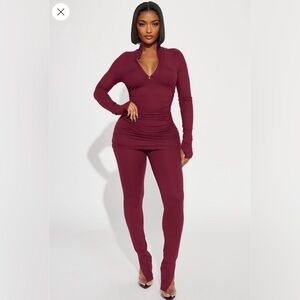Fashion Nova Deep Love Burgundy Long Sleeve Pants Set